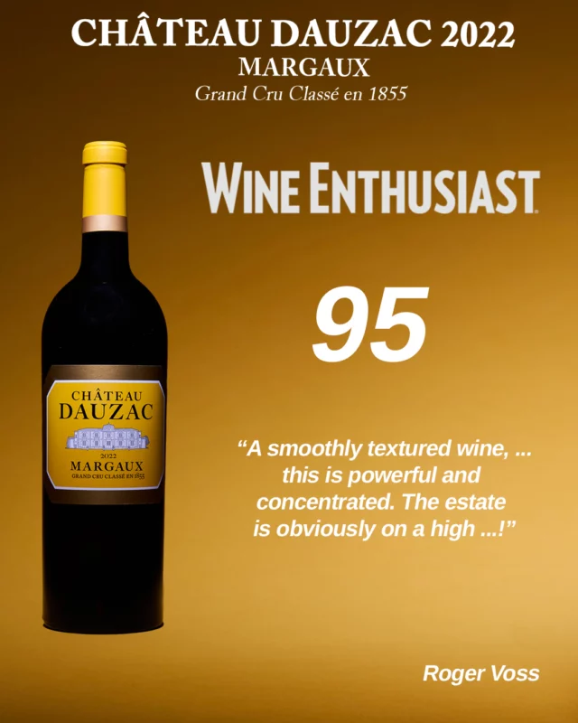 🏅 95 POINTS – Château Dauzac 2022
✍️ Roger Voss – Wine Enthusiast
“A smoothly textured wine… this is powerful and concentrated. The estate is obviously on a high…”

Un grand merci à Roger Voss pour cette belle reconnaissance de notre millésime 2022. Ce commentaire met en lumière la richesse, la précision et l’élan qualitatif que connaît aujourd’hui Château Dauzac.

----

🏅 95 POINTS – Château Dauzac 2022
✍️ Roger Voss – Wine Enthusiast

“A smoothly textured wine… this is powerful and concentrated. The estate is obviously on a high…”

Many thanks to @roger.voss  for this fine recognition of our 2022 vintage. This comment highlights the richness, precision and qualitative dynamism of Château Dauzac today.

#ChateauDauzac #DauzacExperience #GrandCruClassé #MargauxWine #BordeauxElegance #GrandVinDeBordeaux #MargauxLovers #TerroirDeLegende #BordeauxWine #CruClassé1855